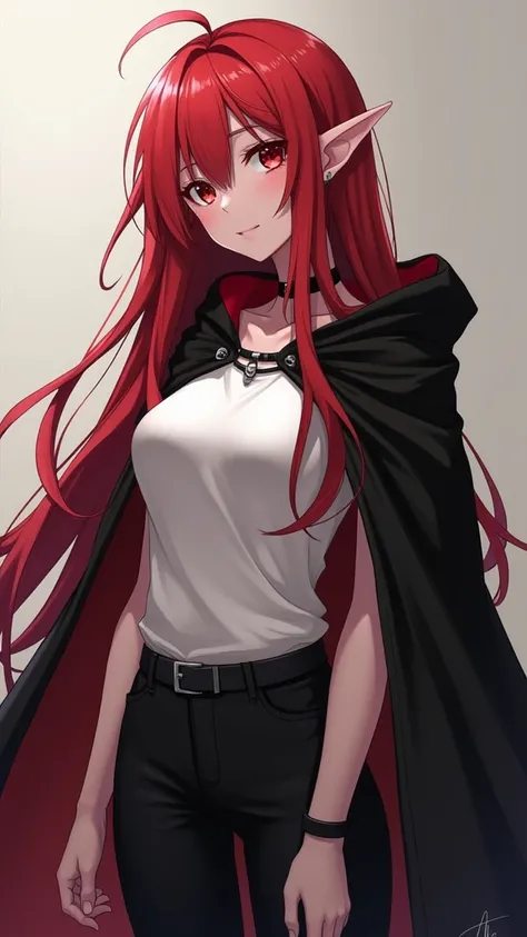 (work of art, Maximum quality, best qualityer, offcial art, beautiful and aesthetic:1.2) Anime Rebel Female Elf, Long Red Hair, Red Eyes, Wearing Black Cloak and White T-Shirt, Black Pants.