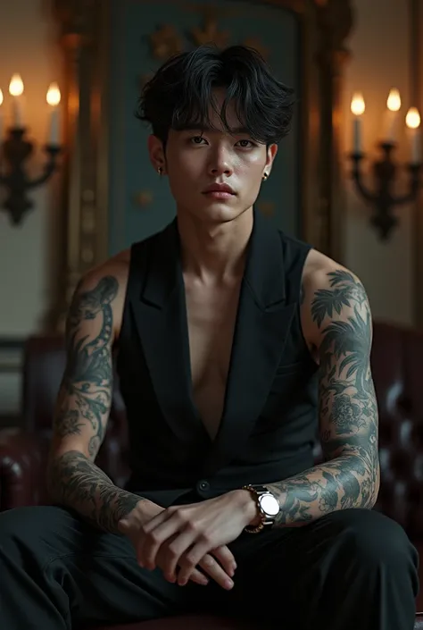  A 25-year-old boy with old money dark style, Tattoos are light-colored arms and eyes 