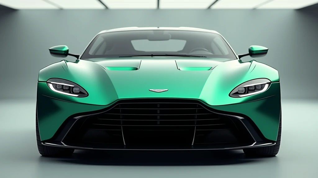 A stunning and sleek futuristic close front image view of the 2025 Aston Martin Vantage Heritage Racing Green, color showcased