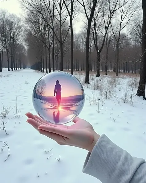 "Transform the spherical smartphone to display the uploaded image inside its 360-degree touchscreen globe. The smartphone is a seamless, palm-sized sphere with no seams or edges, acting as a touch interface. Replace the holographic landscape or any generic...