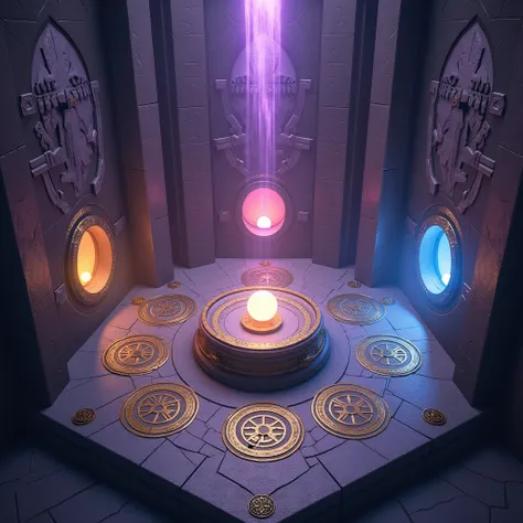  The second challenge room is a perfect hexagon ,  with walls sculpted in obsidian that shine in shades of violet ,  as if they were alive . in the center,  there is a pedestal of ancient gold where three floating spheres ,  each representing a concept : t...