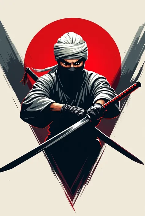 create a logo with a trapezoid shape in the middle there is a ninja wearing a white turban holding a sword.