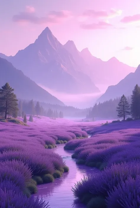 A peaceful, mystical haven with everything bathed in shades of purple. Lavender fields stretch endlessly under a soft lilac sky. In the distance, purple mountains rise above the horizon, while a small amethyst-colored stream winds through the fields. Gentl...