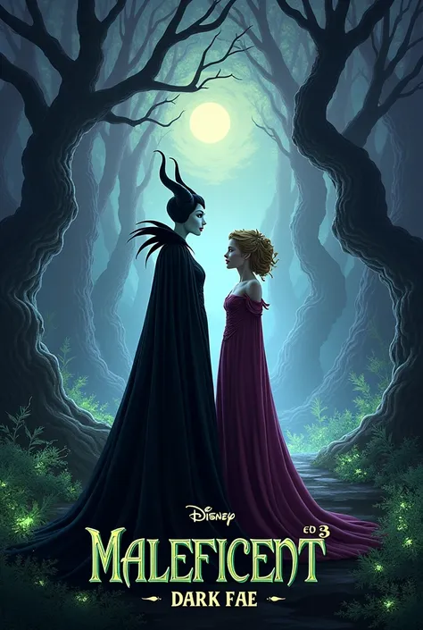  created the MALEFICENT 3 movie poster : Dark Fae  (2025)   with the movie name MALEFICENT 3 : Dark Fae    hiện đầy đủ rõ ràng trên poster. The poster has all 2 main characters and the setting suitable for the movie