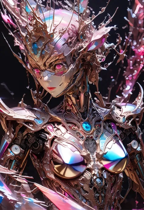    conceptual installation fantasy art，Android Cyborg ， background is iridescent metallic pink , ( super detailed, Exquisite Resolution ,  top quality:1.3), 2.5D, Subtle and dynamic effects, Glitter Effect,  artistic photo ,  surrenders,  graphic CG digita...