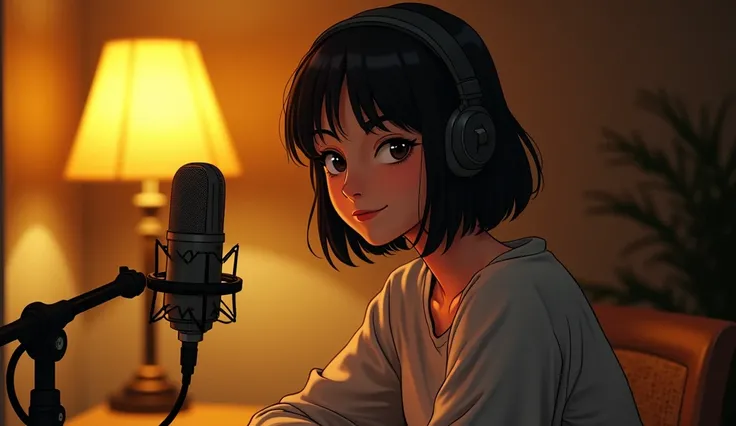 The main female character sits in front of a microphone in a small podcast studio. She wears simple, comfortable clothing. The warm yellow light from a desk lamp softly illuminates her gentle face, creating a cozy and inviting atmosphere. The surrounding s...