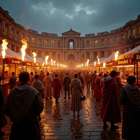 Inside an ancient Roman arena during the Roman Empires New Years festival at dusk, the scene resembles a lively village fair. People gather around stalls, celebrating with food and music, while snowflakes gently fall around them. Torches flicker, casting a...