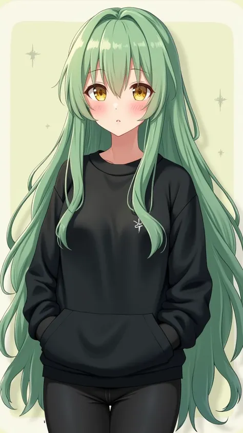 (work of art, Maximum quality, best qualityer, offcial art, beautiful and aesthetic:1.2) Anime Female, Long Light Green Hair, Yellow Eyes, Wearing Black Sweatshirt, Black Pants.