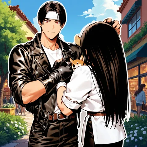 Anime - style images of men and women on city streets, ,  character from King of Fighters , KOF Style ,  High Definition Artwork , sakimichanとfrank franzzeta, An anime man wearing leather jackets standing in a pair of ,  Frank Franzetta and Saki Michan, Vi...