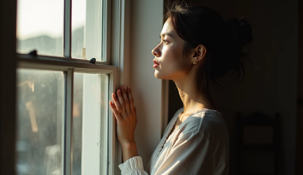 She stands by a window, looking out with a pensive expression. Her hand rests lightly on the window frame, and the light from outside casts a contemplative glow on her face. The scene is filled with soft, natural light and shadow, highlighting her reflecti...