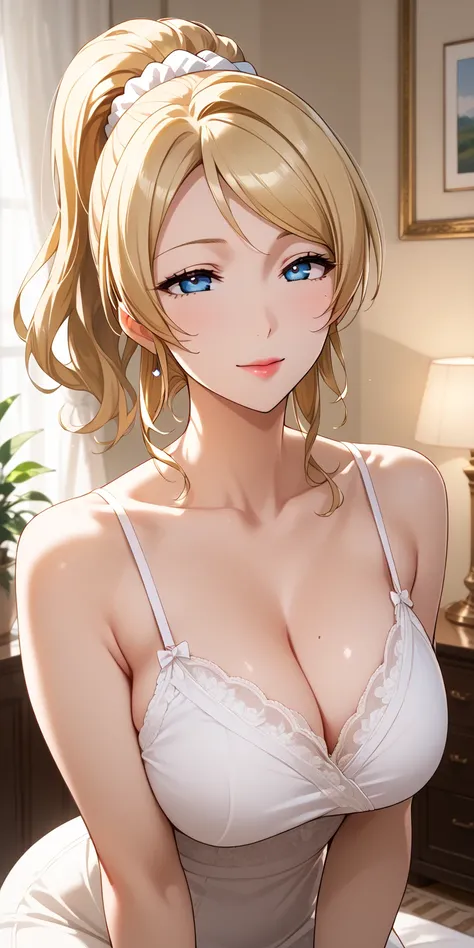 Score_9, Score_8_up, Score_7_up, Source_anime, anime art, anime style, very aesthetic, masterpiece, high quality, 1girl, seductive mature woman, milf, curvaceous, large breasts, lovelive_eli, blonde hair, swept bangs, ponytail, white scrunchie, blue eyes, ...