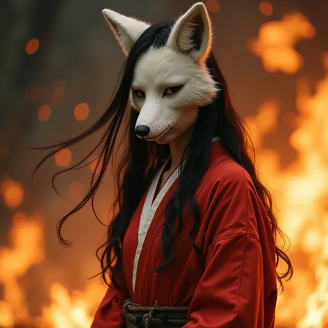 Une femme avec de longs cheveux noirs et tient un briquet. Ses vêtements se confondent avec les flammes. La femme est pied nus dans le feu. La femme a un masque de renard blanc. Style japonais et médiéval. Épique. 