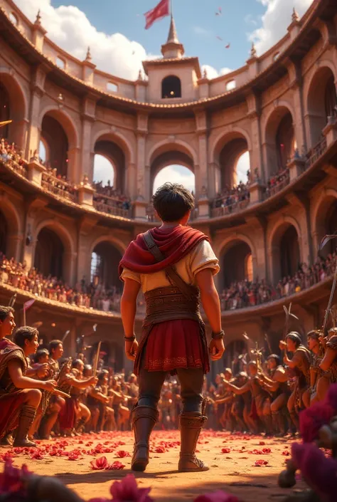  A man seen from behind ,men ahead ,armados con swords y achas,sword, Roman coliseum seen from the inside, giant and colossal ,redondo,stands with public ,sunny day,sand floor , king in Placo Romano ,zona de combat,epic,blood,Sweat ,shouting, crucial momen...