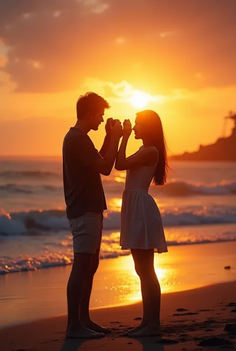 Couple taking pictures of each other on the beach at dusk