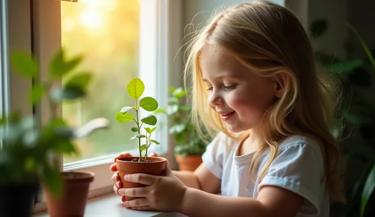 a Girl waters a small potted plant on a windowsill, her face lit up with a gentle smile. Her eyes are focused on the tiny new leaves. Warm light from the window bathes the scene, creating a nurturing and hopeful atmosphere. The shadows add depth, highlight...