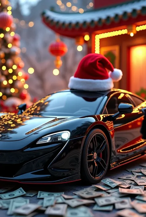 chery arizzo 8 black car with a Christmas hat on the roof and money around