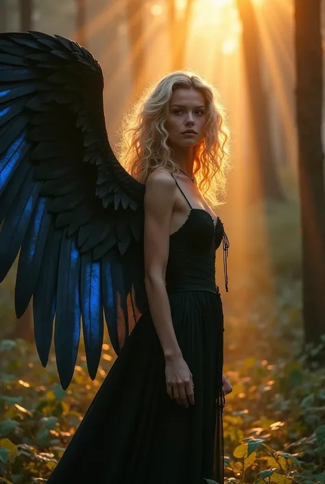 A celestial figure with angelic yet dark aesthetics, a female character with curly blonde hair glowing under warm sunlight, undressed, majestic black wings spread dramatically with a blue sheen, standing in a mystical, ethereal forest bathed in golden ligh...