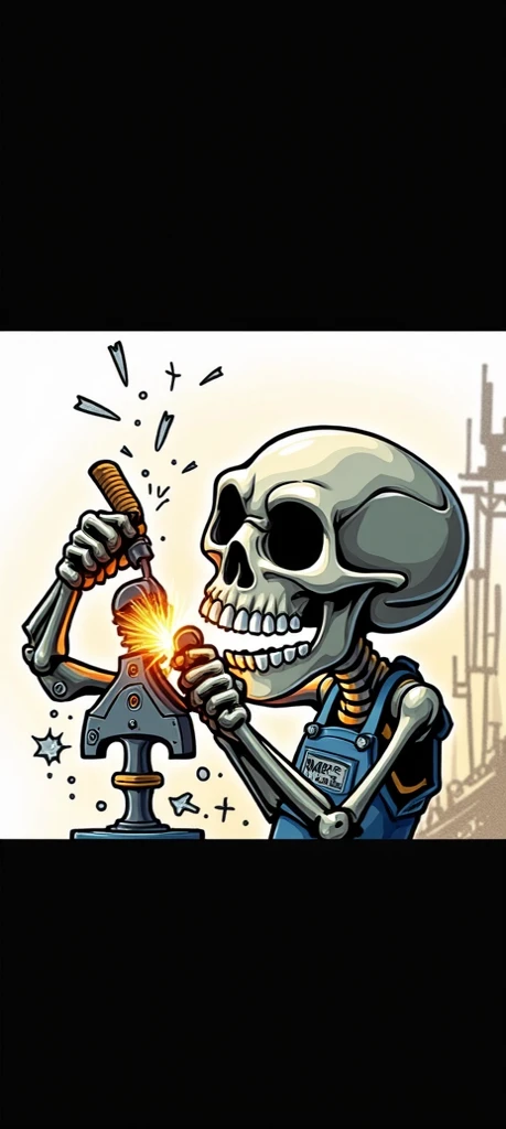 Use the skull from this image to transform it into a cartoon ,  and put the skull to weld an iron sculpture