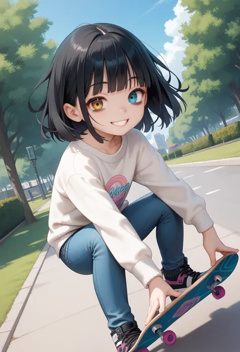 1 loli anime girl,park,riding on skateboard,tight jeans,white sweater,halmet, elbow protecter, knee protecter,black hair,heterochromia, right eye blue, left eye gold,happy,smile,bags under eyes,dynamic angle,,wide angle,looking in the air,