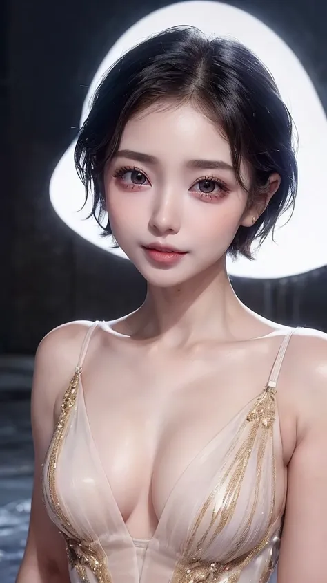 ( short hair:1.5),( gorgeous dresses:1.3),(Look at your face up close  :1.3),(Accuracy:1.4),(4K quality:1.3),( top quality:1.5),( whitening :1.6),( Beautiful skin in NFSW :1.4),(10th Generation:1.5),(baby face:1.5),(  The Ultimate Beautiful Girl:1.5),(Aris...