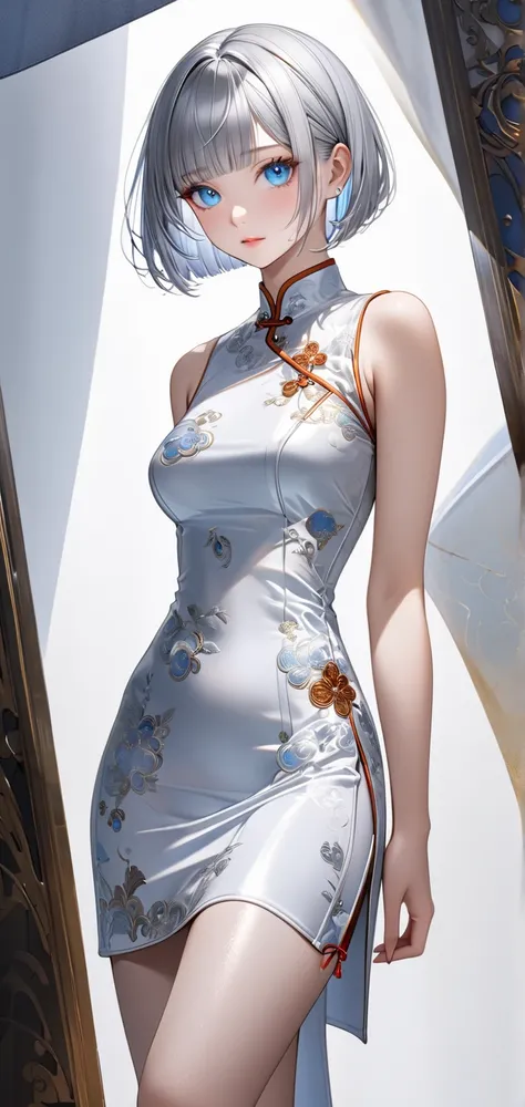 Ultra high resolution, rich colors, perfect image, top quality, detailed image, beautiful single woman, glowing skin, skin and clothing texture, delicate eyes, white background, tight Qipao,fullbody (((silver short bob))), blue eyes