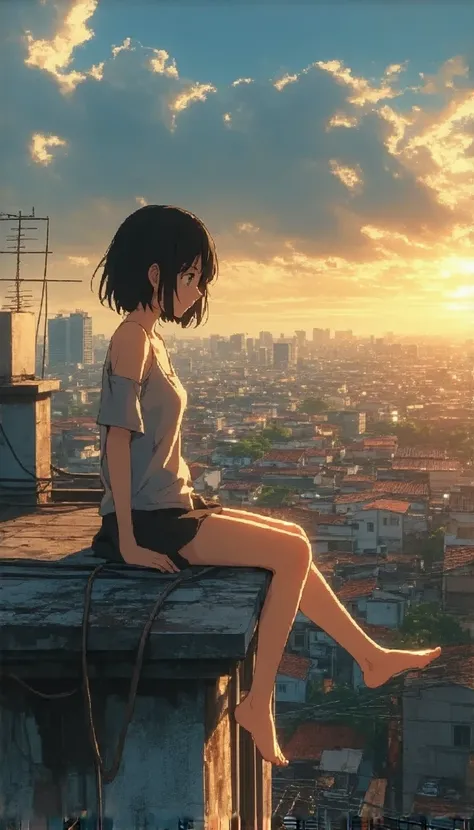 A barefoot girl with tousled hair sits perched on a rooftop, gazing out over a sprawling, illuminated cityscape at dusk. The scene captures a blend of anime and hyperrealistic aesthetics, with soft, glowing lights emanating from the buildings below, reflec...