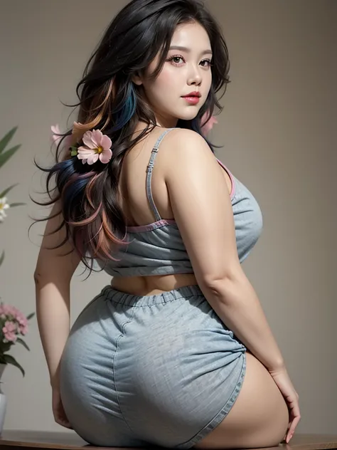 ((((Bbw)))) a woman with long hair and hair, breasts, black hair, sitting, pink hair, ass, flower, multicolored hair, indoors, lips, grey eyes, bug