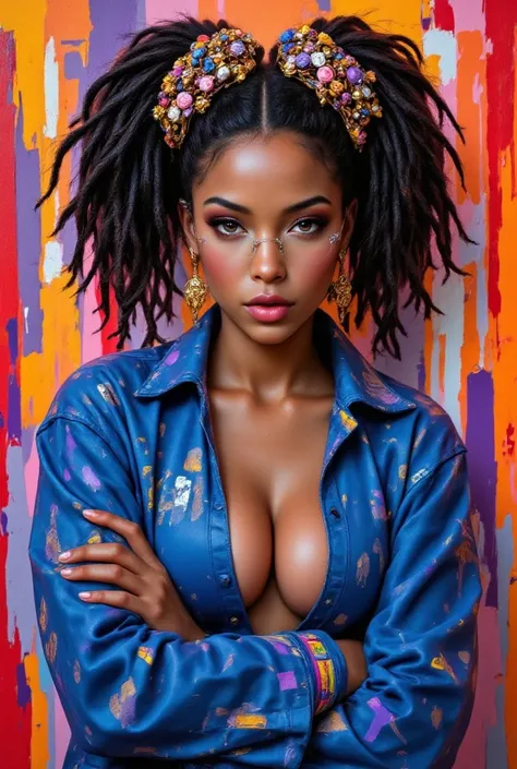 A Fauvism-style oil painting of a stylish and confident African American woman with a warm caramel skin tone. She is wearing a vibrant blue letterman jacket and has thick, intricate locs styled in an edgy and voluminous updo adorned with gold hair cuffs. H...