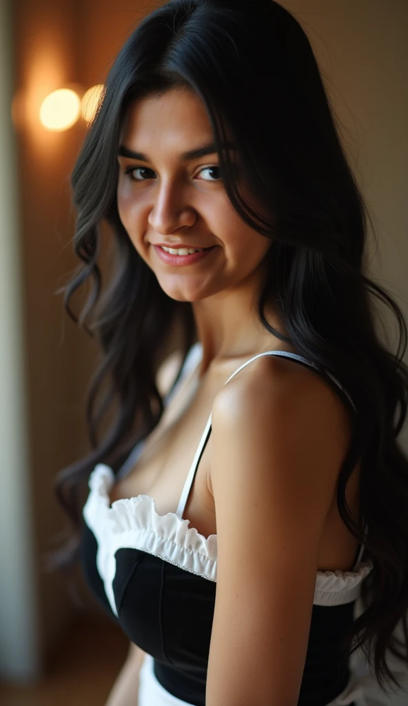 young woman , latina, straight black hair, long with an elegant hairstyle ,  with a wide smile on her face , dressed in an erotic maids uniform looking at the camera,  with a sensual and playful pose  ,  the camera makes a cameo of the womans entire body