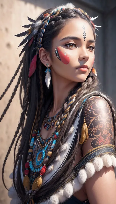 One girl,Native American, feather,hair ornaments,jewelry,necklace,Tribal,Head ornament,Bracelet,Face Paint,Braiding,bracelet, Wow_fast_no_Freezing_style, One girl in full growth, 最high quality, masterpiece, Super detailed, high quality, perfect nose, Highl...