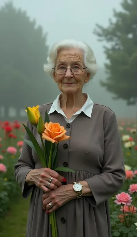 an elderly woman in a dress with a collar stands in the garden.  holding lily and rose flowers in her hand. on the hand there is a watch, a ring and a wedding ring. around the rose. flowers. grass. trees in the fog behind. hyperrealism.