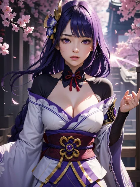 Japanese Shrines, (Highest quality，Realistic,masterpiece:1.2，8k wallpaper:1.2)，((Pale skin))，One Girl，women only，((Genshin Impact_Impact，General Raiden))，Lightning Particles，Purple Lightning，Light background，cherry blossoms，Purple Theme，Delicate facial fea...