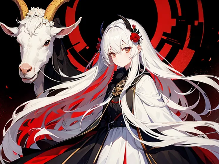 Masterpiece, Best Quality, Flat Color, Limited Palette, Low Contrast, 1 Girl Long Straight White Hair, Lycoris Flower, Goat Skull, (Red, Black)