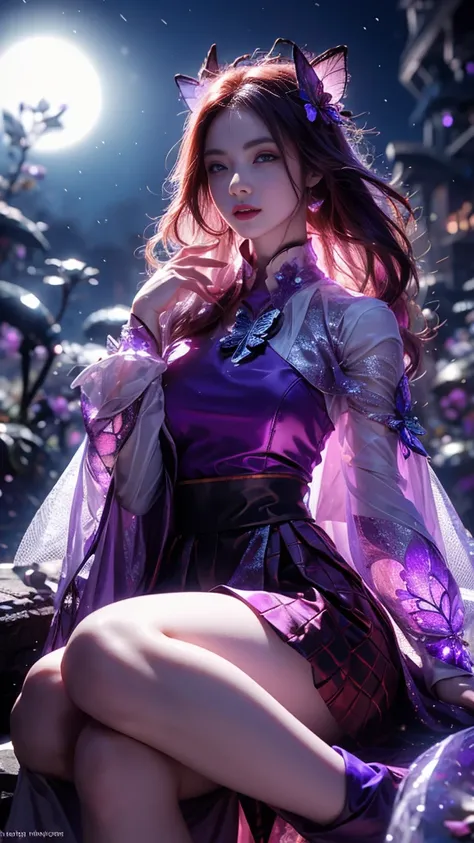 8K, masterpiece, 1 girl, beautiful face, very long hair, light makeup, (glossy skin), detailed eyes, detailed lips, small bust, fantasy clothing, blowing wind, ((purple clothing)), ((mesh clothing)), fantasy, ((ornaments)), ((fantasy skirt)), ((mesh cape))...