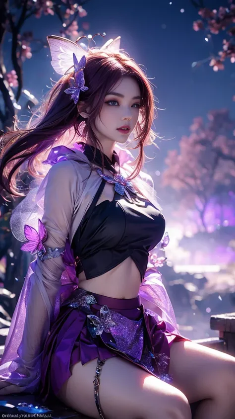 8K, masterpiece, 1 girl, beautiful face, very long hair, light makeup, (glossy skin), detailed eyes, detailed lips, small bust, fantasy clothing, blowing wind, ((purple clothing)), ((mesh clothing)), fantasy, ((ornaments)), ((fantasy skirt)), ((mesh cape))...