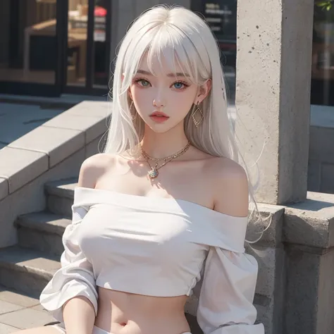 1 Girl, Solitary, Long hair, white shirt, Bangs, Upper Body, earrings,  jewelry, white hair, pretty girl, off shoulder, crop top, big breasts, bare legs, white fair skin 