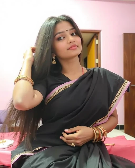 Hot, sexy, black saree, without blouse long hair Indian cute girl, 