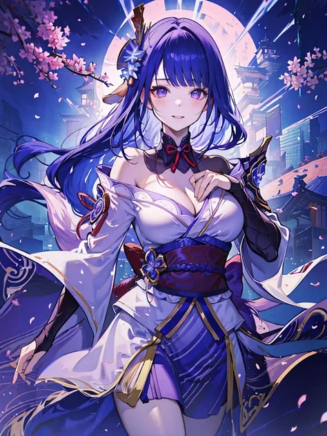 Japanese Shrines, (Highest quality，Realistic,masterpiece:1.2，8k wallpaper:1.2)，((Pale skin))，One Girl，women only，((Genshin Impact_Impact，General Raiden))，Lightning Particles，Purple Lightning，Light background，cherry blossoms，Purple Theme，Delicate facial fea...