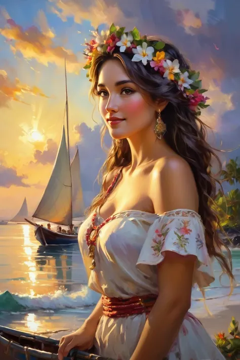 Oil painting in Pino Daeni style, Wonderful sunset from Tahiti, in 2/3, with a background of canoes and sailboats on the coast, an open horizon with a few clouds in the background, a wonderful woman, thin, tall, beautiful, wearing a wreath of flowers aroun...