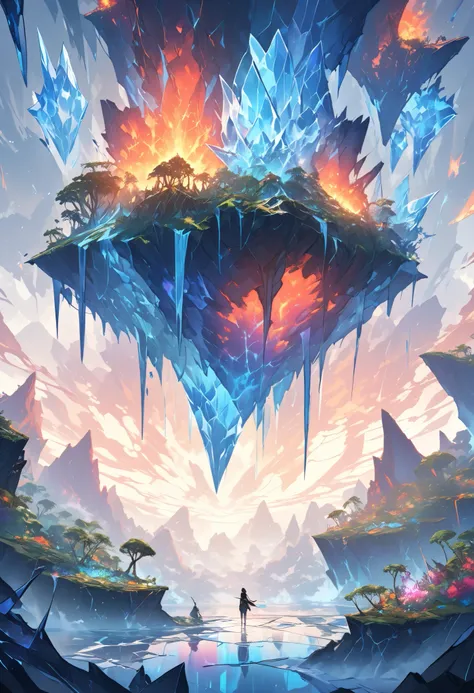 A world where the horizon is fractured into floating shards of land and sky. Each shard contains a unique biome—lush jungles, frozen tundras, fiery volcanoes—suspended in the void. Between the shards, glowing bridges of energy connect the fragments, allowi...