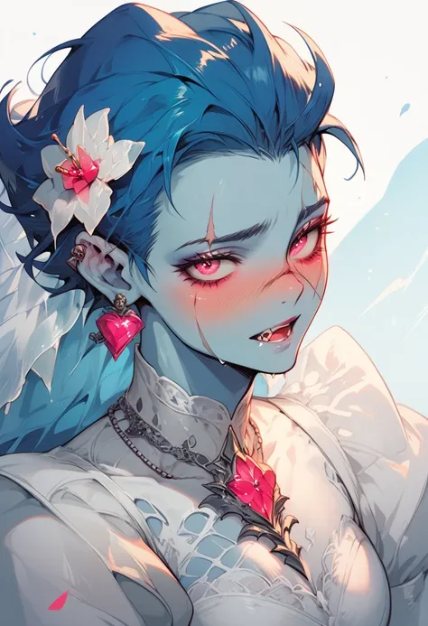 undead bride, blue skin, long messy blue hair, blushing, scar on her cheek