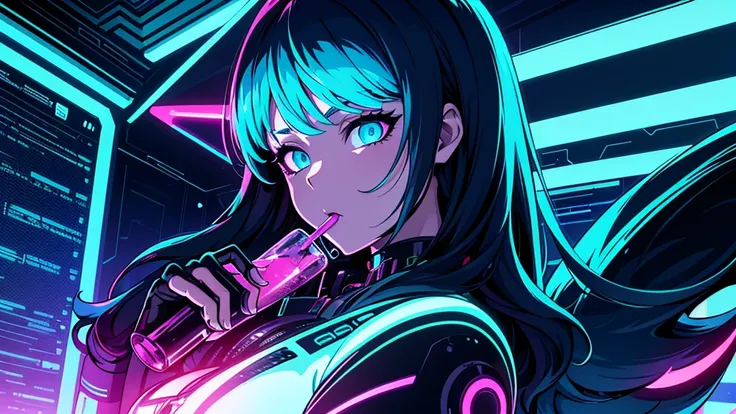   a close up of a person standing near a window with a drink, Cyberpunk art by Kilian Eng , tumblr, Conceptual art, electric woman ,  electric wallpaper , Night, Electronic bikini , electric hair , ( ( (  synthetic wave  ) ) ), cyberpunk anime girl, [  syn...