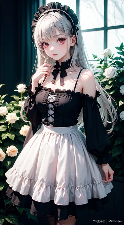 masterpiece,1 girl,long silver hair,red eyes,gothic lolita,Gothic Lolita,white skirt,Black headdress,soft lighting,magical colors and atmosphere,garden,many white roses,mysterious atmosphere,cute pose