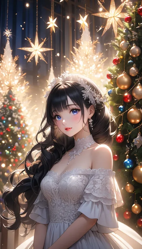  1 girl, Alone,   characters " atlus",  beautiful detailed eyes ,  beautiful detailed lips ,  extremely fine eyes and face ,  Long eyelashes,  Soft and fluffy black hair long hairstyle,  Elegant Christmas-conscious dress ,  off-shoulder , Delicate lace on ...