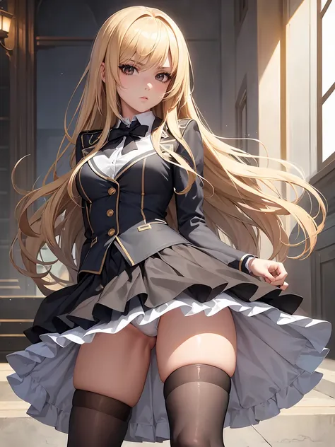 looking at spetactor, 1 college girl, solo, kharia, blonde hair, long hair, brown eyes, medium big chest, black thighhighs, school entrance, skirt, 8k, uhd, hyper realist, cgi, high quality, perfect face, detailed eyes, full upskirt, minitop