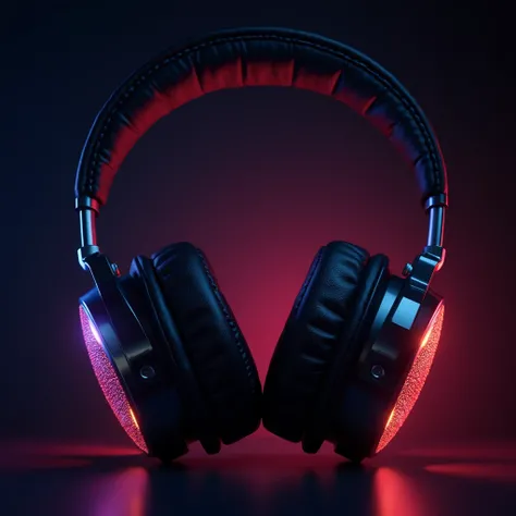 It generates an image of large black headphones with shiny metallic details and vibrant light effects around