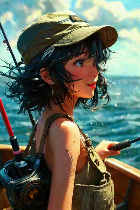   lively Japanese beauty doing bass fishing ,   with disheveled dark hair   、  ,    and her bright smile radiates joy   .      shes wearing a fishing suit     、 Im wearing a cap ,      has a fishing rod with a bait casting reel in her right hand    ,   lar...