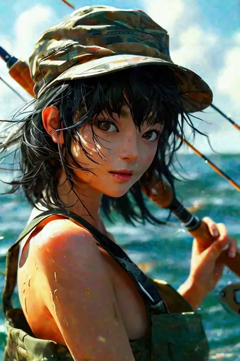   lively Japanese beauty doing bass fishing ,   with disheveled dark hair   、  ,    and her bright smile radiates joy   .      shes wearing a fishing suit     、 Im wearing a cap ,      has a fishing rod with a bait casting reel in her right hand    ,   lar...