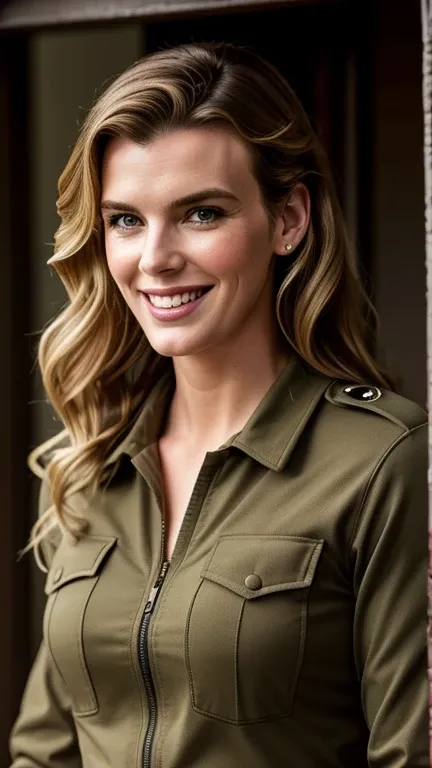 Betty Gilpin, with military tactical clothing, sexy, smiling, wavy hair