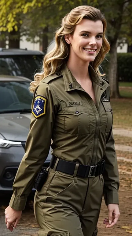 Betty Gilpin, with military tactical clothing, sexy, smiling, wavy hair